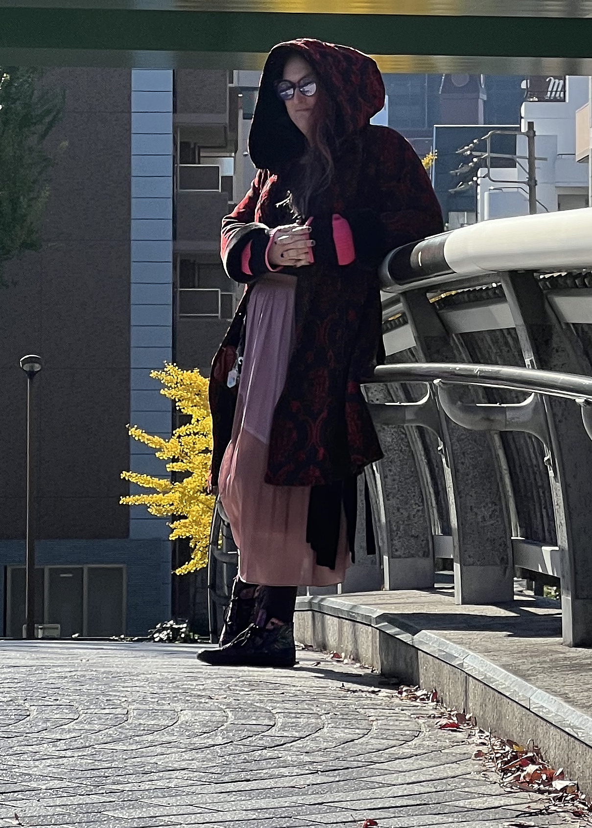 Daisie Rock standing on a bridge whose surface is made of stone.
                        Daisie is wearing a black and red coat with the hood up, mirror sunglasses, a black shirt, and a skirt of different shades of purple.
                        Her shoes are also purple. She is leaning on the railing of the bridge.
                        There is the green underside of a larger bridge at the top of the photo.